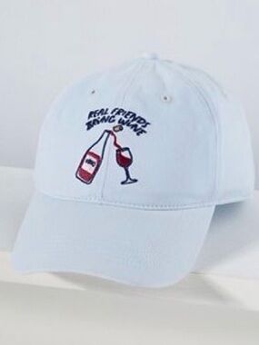 Anthropologie Baby Blue "Real Friends Bring Wine" Baseball Cap
